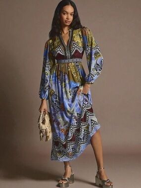 Anthropologie Bhanuni By Jyoti V-Neck Midi Dress Beaded Colorful 6P